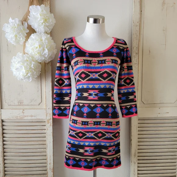 Anthropologie | Dresses | Anthropologie Flying Tomatoe Bluepink Aztec Print Knit  Sweater Dress Size Small | Poshmark